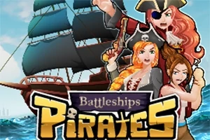 Trei femei pirat stilizate, cu părul roșu și șaten, în fața unei nave negre cu pânze, pe un fundal de cer albastru, cu textul Battleships Pirates în prim-plan