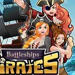 Trei femei pirat stilizate, cu părul roșu și șaten, în fața unei nave negre cu pânze, pe un fundal de cer albastru, cu textul Battleships Pirates în prim-plan