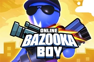 Personaj albastru cu ochelari de soare, purtând o șapcă și ținând o bazooka, cu textul Online Bazooka Boy în prim plan