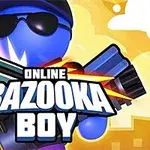 Personaj albastru cu ochelari de soare, purtând o șapcă și ținând o bazooka, cu textul Online Bazooka Boy în prim plan