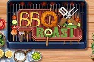 Grătar cu litere colorate care formează cuvintele BBQ și ROAST, înconjurat de legume și ustensile pentru grătar