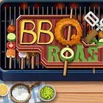 Grătar cu litere colorate care formează cuvintele BBQ și ROAST, înconjurat de legume și ustensile pentru grătar
