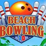 Minge de bowling portocalie și popice albe cu dungi roșii în fundal, cu textul Beach Bowling 3D în prim-plan