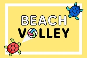 Fundal galben cu textul Beach Volley, două țestoase colorate în colțuri opuse și o minge de volei în locul literei O