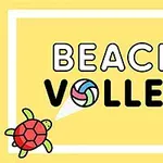 Fundal galben cu textul Beach Volley, două țestoase colorate în colțuri opuse și o minge de volei în locul literei O