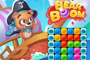 Ursuleț pirat pe o navă, cu un puzzle de culori vibrante în dreapta, și titlul Bear Boom deasupra