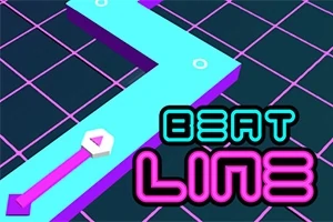 Un traseu albastru neon pe un fundal cu linii grilă și textul „BEAT LINE” în stil retro