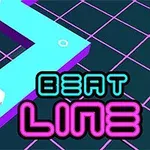 Un traseu albastru neon pe un fundal cu linii grilă și textul „BEAT LINE” în stil retro