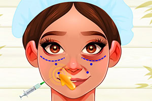 Fată cu păr castaniu și pălărie albastră, cu semne marcate pe față pentru o procedură cosmetică, și o seringă în colț
