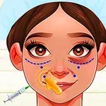 Fată cu păr castaniu și pălărie albastră, cu semne marcate pe față pentru o procedură cosmetică, și o seringă în colț