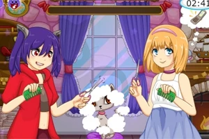 Două personaje anime coafează o pisică cu blană albă pe un suport mov, într-o cameră decorată cu perdele mov și o fereastră mare în fundal