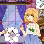Două personaje anime coafează o pisică cu blană albă pe un suport mov, într-o cameră decorată cu perdele mov și o fereastră mare în fundal
