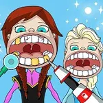 Trei personaje animate cu dinți mari deschiși și instrumente dentare în fața lor