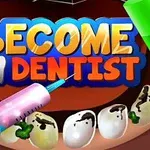 Textul Become a Dentist deasupra unei guri deschise cu dinți afectați și unelte dentare colorate
