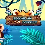 Un panda roșu animat ține o periuță de dinți în gură, înconjurat de frunze și cu un semn de lemn pe care scrie BECOME AN ANIMAL DENTIST