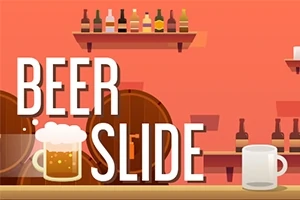 Textul BEER SLIDE alături de o halbă cu bere și un fundal cu rafturi de sticle pe un perete de culoare portocalie
