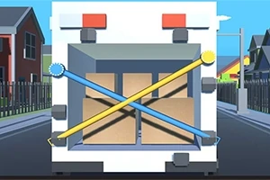 Un camion cu spatele deschis, cu cutii și curele colorate în interior, pe o stradă cu case