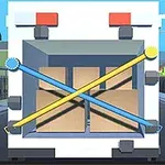 Un camion cu spatele deschis, cu cutii și curele colorate în interior, pe o stradă cu case