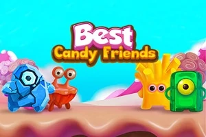 Creaturi colorate și ciudate stau pe un fundal de peisaj dulce în fața unui cer albastru, cu textul Best Candy Friends deasupra