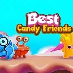 Creaturi colorate și ciudate stau pe un fundal de peisaj dulce în fața unui cer albastru, cu textul Best Candy Friends deasupra