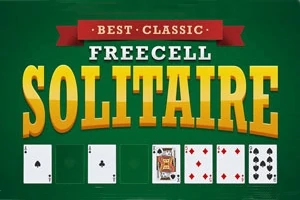 Textul Best Classic Freecell Solitaire pe un fundal verde cu cărți de joc afișate dedesubt