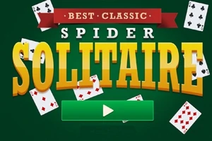 Text mare SOLITAIRE galben pe fundal verde, înconjurat de cărți de joc și un buton verde de redare
