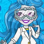 Personaj animat cu păr albastru și ochelari futuristici, îmbrăcat într-o haină de laborator, pe un fundal albastru cu un semn de întrebare