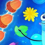 Un gândac albastru zâmbitor ține o frunză, înconjurat de ghinde și flori pe un fundal colorat albastru
