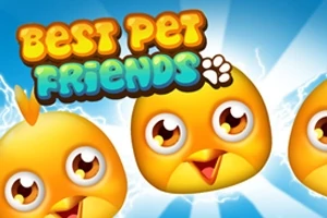 Trei fețe galbene zâmbitoare de pui, cu ochi mari și expresii fericite, sub titlul colorat Best Pet Friends