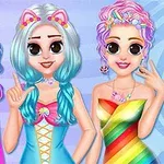 Trei personaje animate colorat, cu păr lung în culori pastelate și îmbrăcate în haine vibrante pe fundal albastru