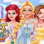 Trei fete animate, zâmbitoare, îmbrăcate în rochii colorate, stând în fața unei clădiri școlare, cu textul BFF Math Class pe lateral