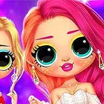 Două personaje stilizate cu ochi mari și expresivi, cu părul blond și roz, pe un fundal violet cu sclipici