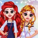 Trei personaje animate, fiecare cu păr împletit și ochi mari, îmbrăcate în haine moderne, pe un fundal colorat și luminos