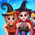 Trei personaje animate îmbrăcate în costume de vrăjitoare, cu pălării negre, zâmbesc pe un fundal albastru cu stele sclipitoare