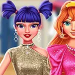 Două personaje animate, una cu păr violet și ținută aurie, cealaltă cu păr portocaliu și rochie roz strălucitoare, pozează zâmbitoare