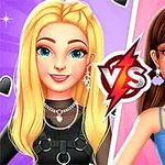 Două personaje feminine animate, una cu părul blond și ținută neagră, cealaltă cu părul șaten și rochie albastră, sunt plasate față în față cu un simbol VS între ele