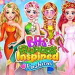 Șase fete în rochii colorate inspirate de flori, cu coroane din flori pe cap și decor floral în fundal