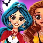 Două fete costumate festiv cu accesorii de Halloween, având fundalul decorat cu păianjeni și un liliac