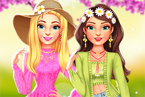 Două personaje feminine animate, una blondă cu pălărie și cealaltă brunetă cu coroană de flori, îmbrăcate în ținute colorate, pe fundal de flori roz