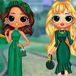 Două fete stilizate, îmbrăcate în rochii verzi elegante, purtând accesorii asortate, pe un fundal verde luxuriant
