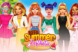 Șase personaje feminine stilizate în ținute de vară colorate, pe un fundal de plajă, alături de textul BFFs Summer Aesthetic