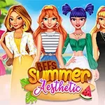 Șase personaje feminine stilizate în ținute de vară colorate, pe un fundal de plajă, alături de textul BFFs Summer Aesthetic