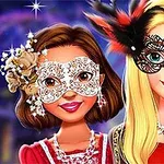 Două femei purtând măști elegante decorate și bijuterii strălucitoare, una brunetă cu flori în păr și cealaltă blondă cu pene negre și roșii