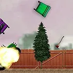 Un urs animat aruncă un scaun violet către un tractor verde explodat, alături de un copac și un topor pe fundal