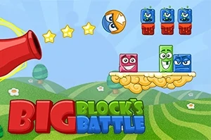 Tun roșu îndreptat spre blocuri colorate și stele pe un fundal desenat, cu textul Big Blocks Battle în partea de jos