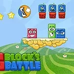 Tun roșu îndreptat spre blocuri colorate și stele pe un fundal desenat, cu textul Big Blocks Battle în partea de jos