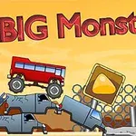 Camion roșu în miniatură trece peste mașini vechi, cu un fundal de apus și un gard de sârmă; textul „BIG Monsters!
