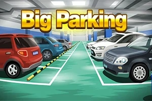 Parcare subterană plină cu mașini colorate și text mare Big Parking deasupra