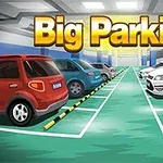Parcare subterană plină cu mașini colorate și text mare Big Parking deasupra