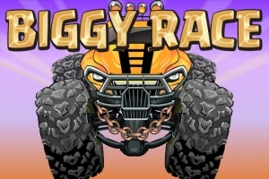 Un camion monstru galben cu roți mari și robuste, având un lanț metalic pe bara de protecție, sub un titlu mare BIGGY RACE pe fundal violet-portocaliu